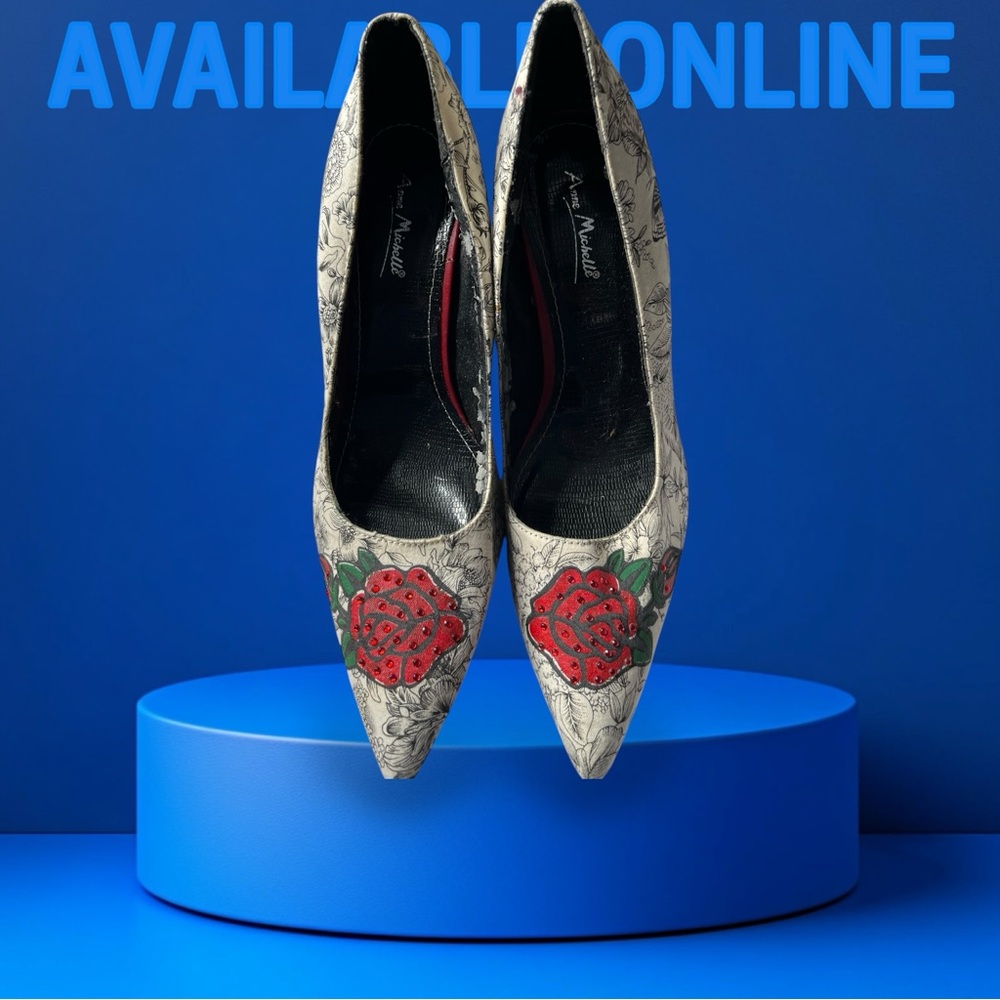 Rogue Hellium Shoes Womens 7.5 Black White Floral Beaded Whimsigoth Club Heels